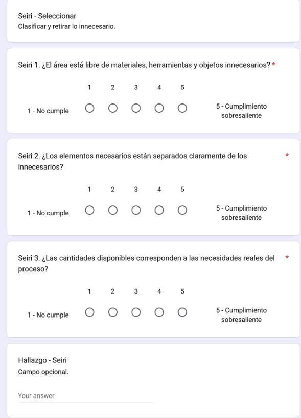 Evaluación real de criterios 5S