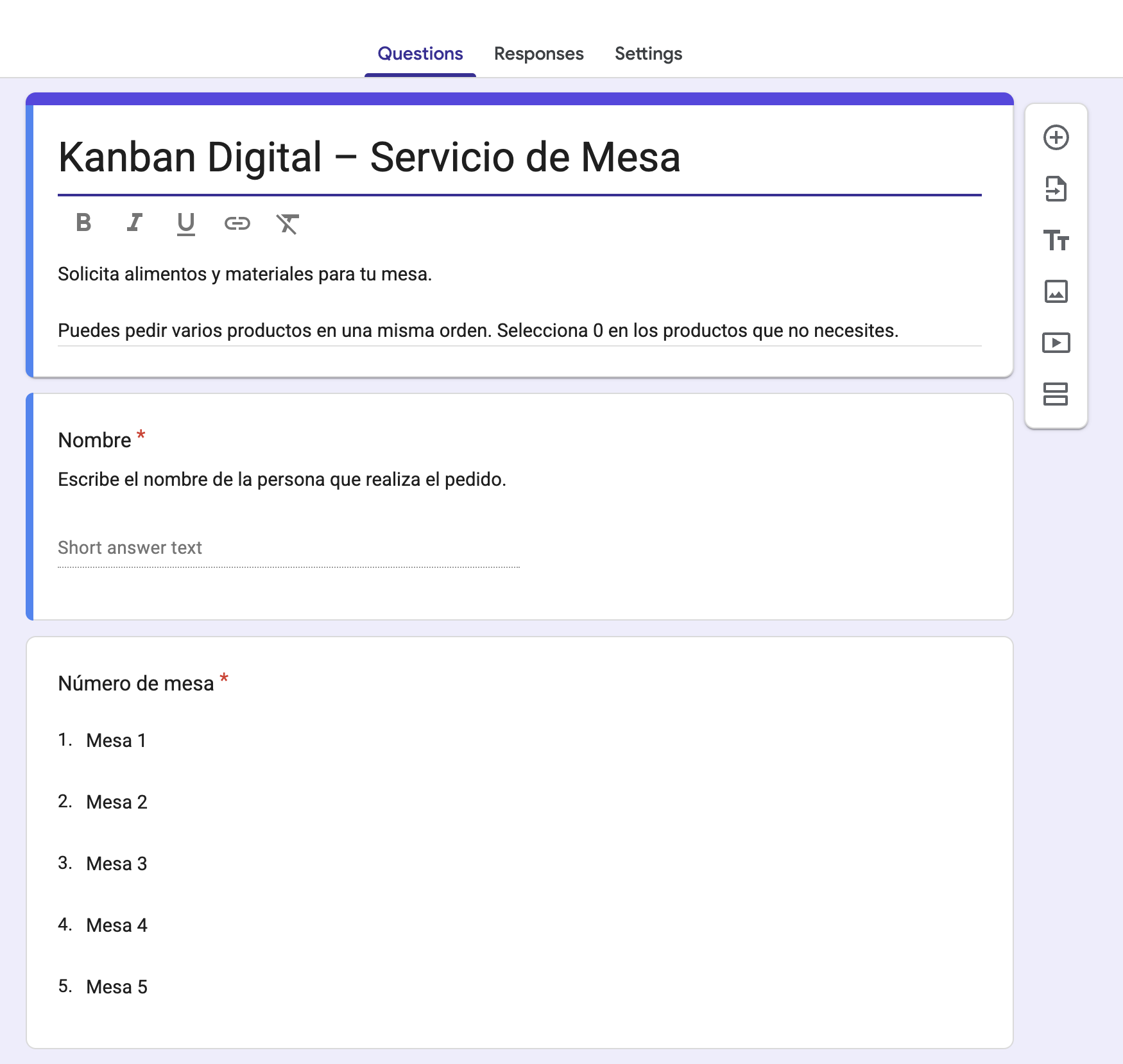 Formulario real de solicitud del sistema Kanban Digital
